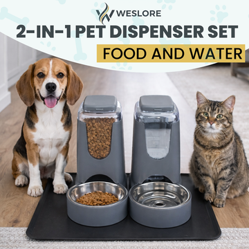 Weslore Automatic Cat Feeder 2.8L/4L Water Dispenser set w/ Mat, Gravity Pet Feeder, Large Capacity Non-Spill Cat Water & Food stainless steel Bowls, Water Dispenser for Cats & Dog, Feeding cats& dogs
