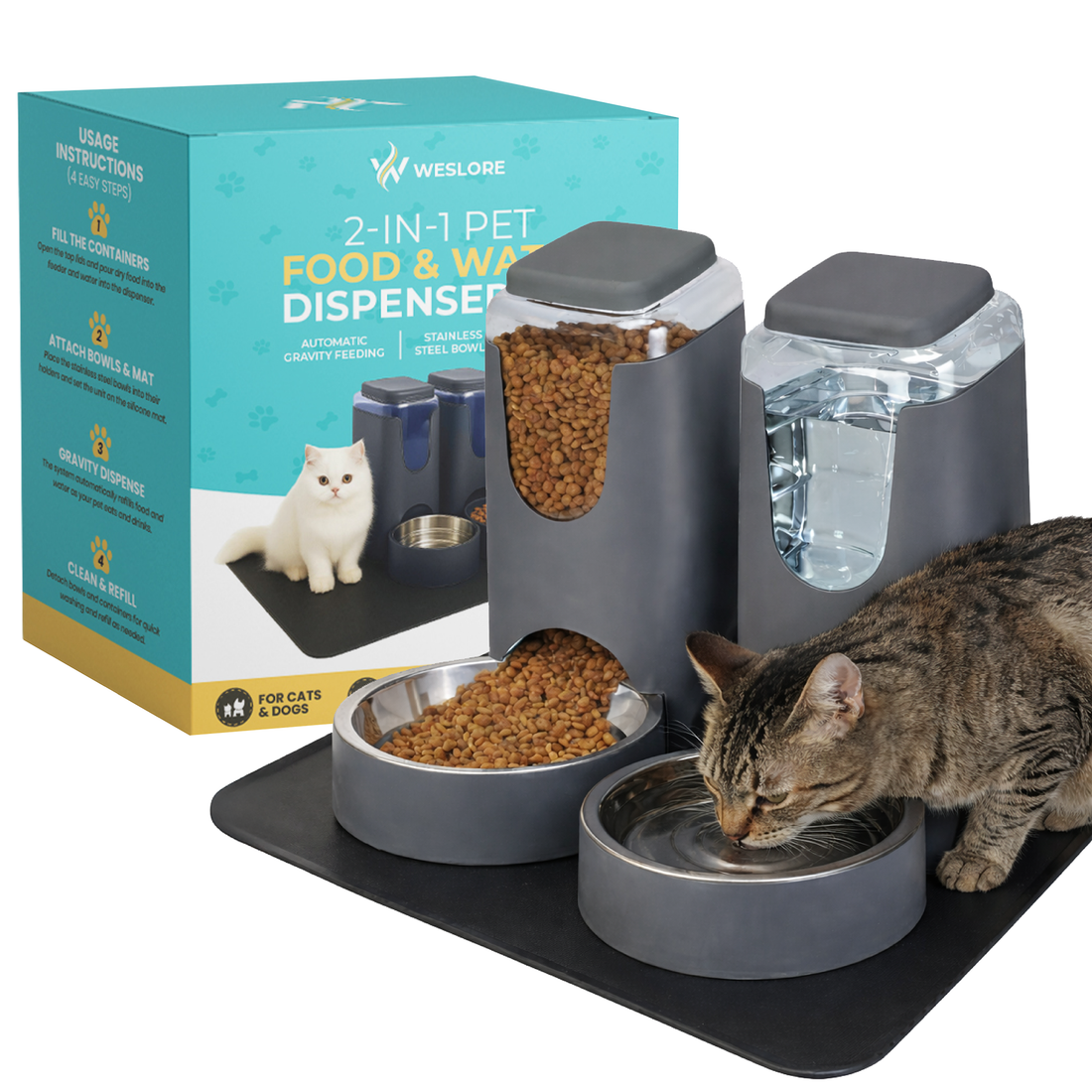 WESLORE 2-in-1 Gravity Pet Feeder Station — Stainless Steel + Mat Capacity Non-Spill